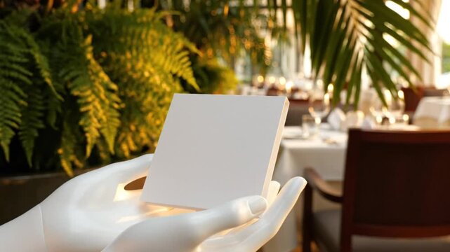 Luxurious restaurant setting with a white square tile presented on a sculpted hand