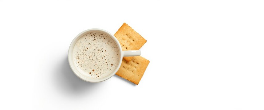 Coffee Cup with Frothy Top and Two Crackers Isolated on White