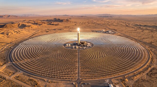 Vast solar farm with central tower reflecting sunlight in desert lands
