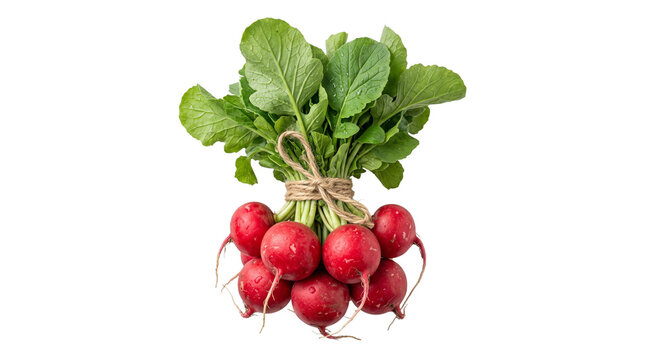 Fresh red radish bunch with green leaves tied with twine, organic garden radishes, raw crunchy root vegetables for healthy cooking isolated PNG with Transparent Background