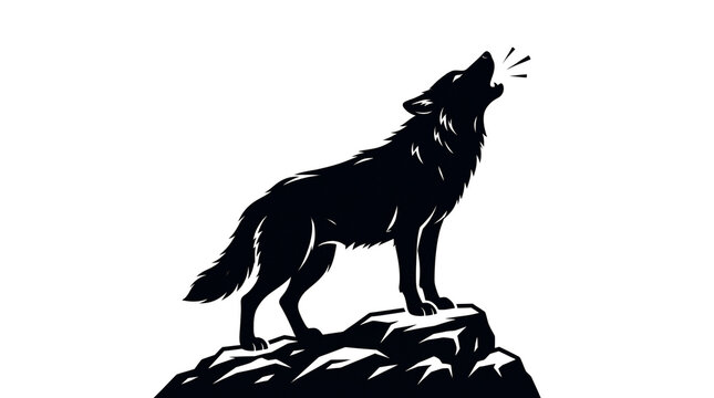 Stark black wolf silhouette howling on a rocky peak, minimalist wild animal profile, powerful predator standing on a mountain cliff side view isolated PNG with Transparent Background