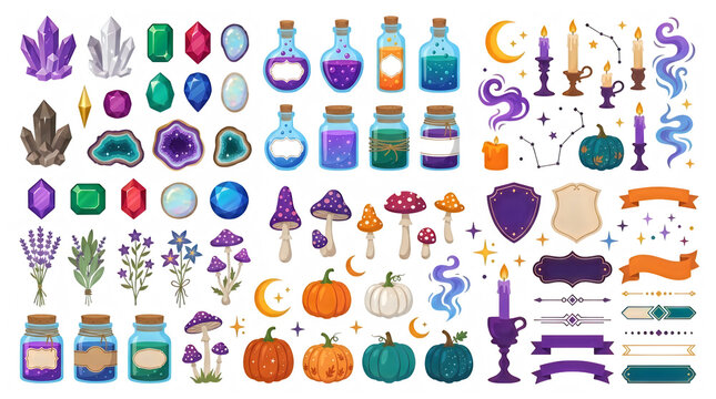 Witchcraft and magic potion clip art collection, mystical wizard elements with crystals and pumpkins, halloween fantasy design assets
