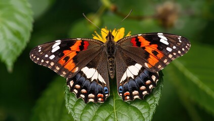 Fototapeta premium Colorful Butterfly Resting on Green Leaf with Yellow Flower Background