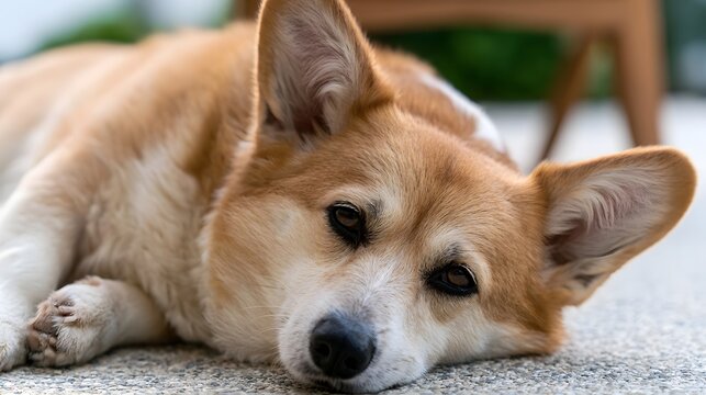 A tan and white corgi dog resting its head on a textured floor surface with soft focus background elements