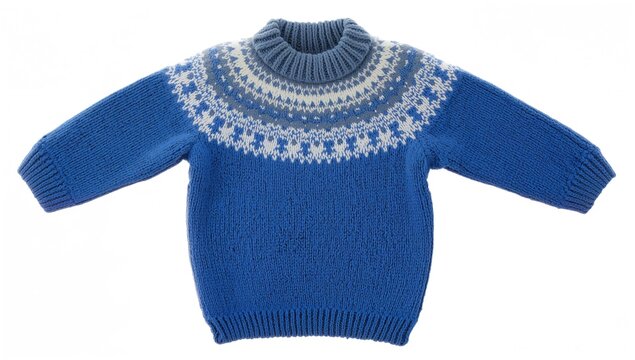 Knitted Blue Sweater with Fair Isle Pattern on White Background