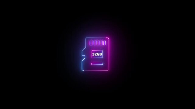 Neon glowing cyan color 32 GB SD card icon on black background animation. 4k video Sim Card neon sign appear icon center. Animated neon icon.4k motion video