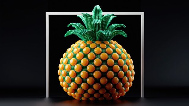 Colorful Pineapple Sculpture Against a Dark Background with Square Frame