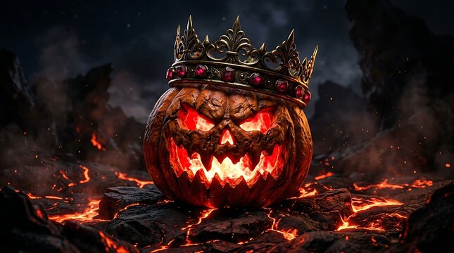 Fearsome evil pumpkin king wearing a golden crown, glowing with internal fire amidst a hellish landscape.