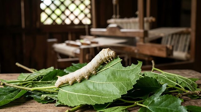 Silkworm crawling on mulberry leaf in front of wooden weaving loom