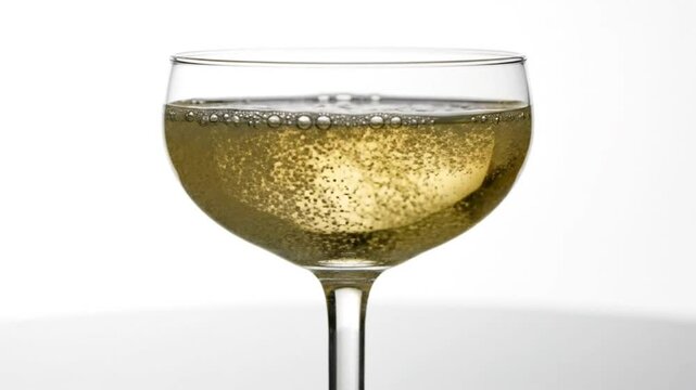 Sparkling Wine Being Poured in a Coup Glass Creating Bubbles Against a White Background