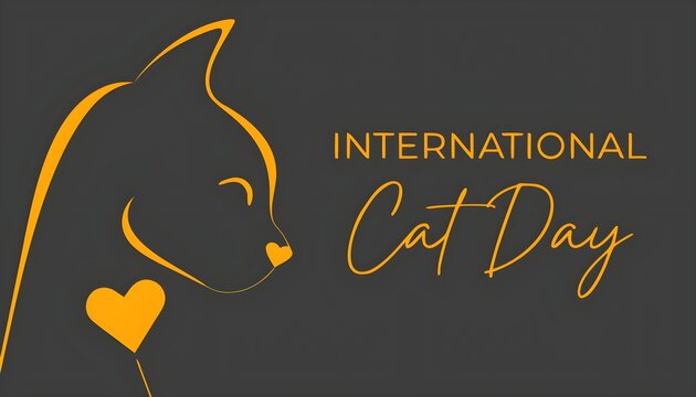 International cat day golden line art illustration with cat profile and hearts on black background