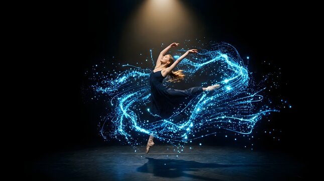 Graceful ballerina dancing with glowing blue light trails on stage