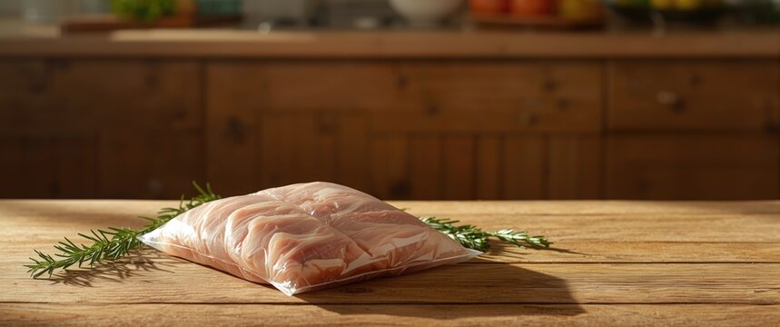 Vacuum Sealed Chicken Breast on a Wooden Table with Fresh Rosemary