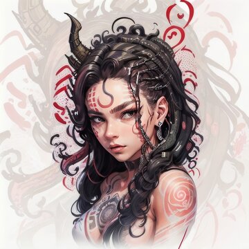 Portrait of a girl with curly dark hair and tribal tattoos on her body. Vector illustration of a female warrior with a red symbol on her forehead for prints and tattoos.