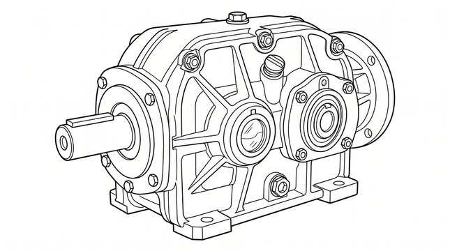 Industrial gearbox technical drawing. Mechanical transmission unit vector illustration.