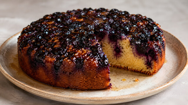 A golden blueberry upside-down cake displays glossy caramelized fruit layers on an elegant ceramic serving plate under professional studio illumination