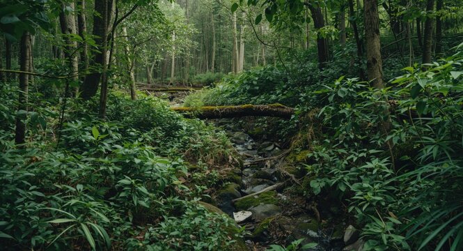 Lush Green Forest with Stream and Fallen Log in Soft Natural Light