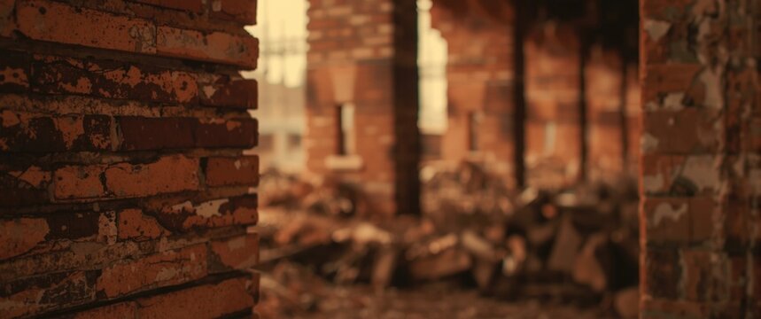 Abandoned Brick Ruins with Warm Lighting and Soft Focus Background