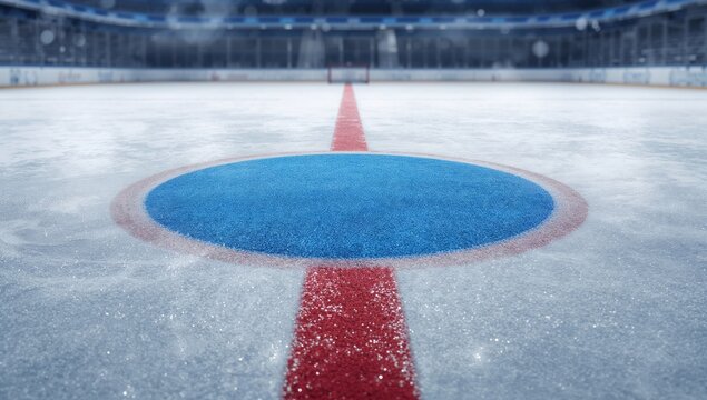 Ice Hockey Rink Center Circle with Red Line and Snowflakes in a Stadium