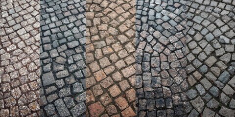 Naklejka premium Cobblestone Pathway in Four Distinct Textures and Colors Under Natural Light