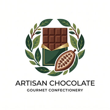 Artisan chocolate logo featuring a cocoa pod and green leaves.