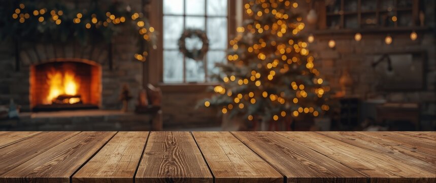Cozy Wooden Table with Blurred Christmas Tree and Fireplace Background
