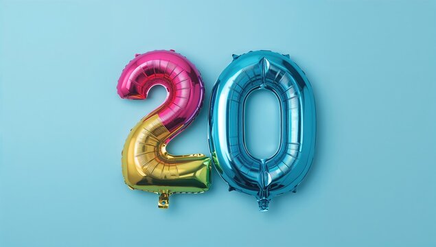 Colorful Metallic Balloons Shaped as Number 20 on a Blue Background