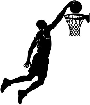 Basketball Player Silhouette Slam Dunking Ball into Hoop