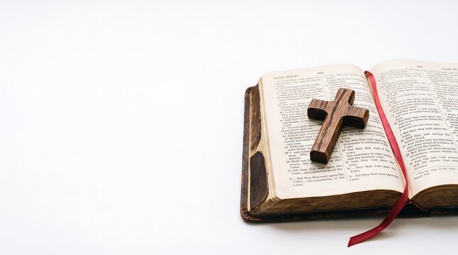 A wooden Christian cross resting on an open holy Bible on a white background.