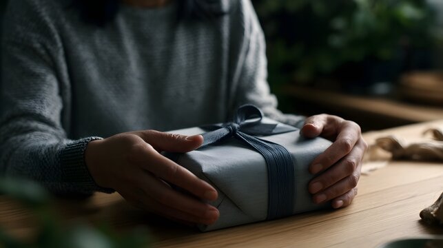 A person gently holds a wrapped gift box tied with ribbon on a wooden table in soft natural light