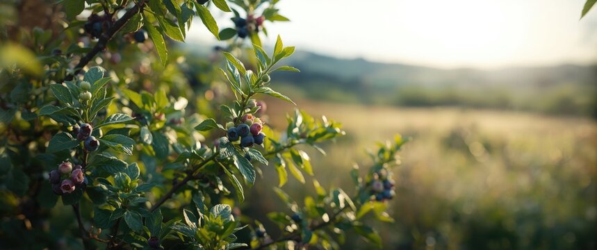 Blueberry Bush with Ripe Berries in a Sunlit Meadow at Dawn
