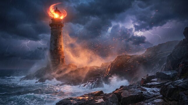 Majestic weathered stone lighthouse radiates magical swirling golden flames amidst a turbulent dark stormy night with crashing ocean waves and lightning