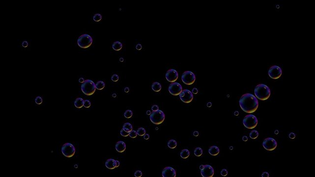 Water and Soap Bubbles Rising Underwater with Sparkling Glow, Floating Foam Particles on black Screen Chroma Key, Transparent Alpha Channel Motion Graphics for Beauty, Cosmetic Background 4K