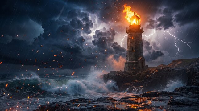 Majestic stone lighthouse erupting with intense orange flames amidst a powerful thunderstorm featuring dark swirling clouds and crashing ocean waves