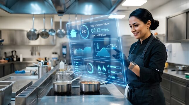 Professional female chef using digital holographic interface in kitchen