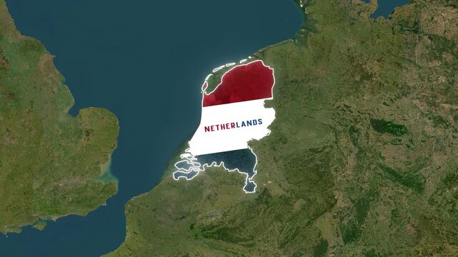Netherlands Map Highlight with Animated Flag Pin on World Satellite Map