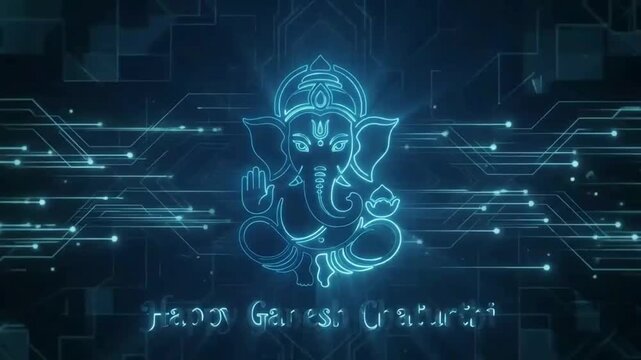 Happy Ganesh Chaturthi Neon Lord Ganesha Line Art on Futuristic Digital Technology Background Motion Video