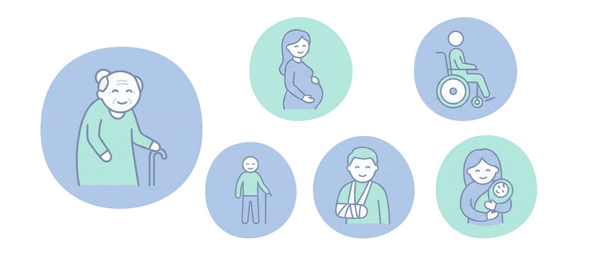 ollection of friendly accessibility characters. Icons of smiling elderly people, pregnant woman, and person in wheelchair Isolated on Transparent