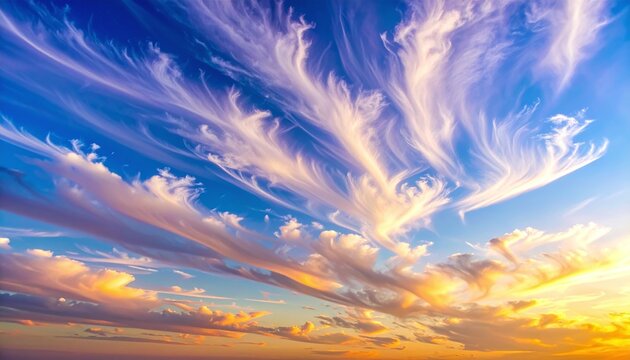Ethereal cirrus clouds sweep across a vibrant sunset sky, creating a sense of serene beauty and vast wonder. No people are present in this celestial, artistic landscape of peace and tranquility.