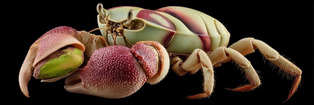 Macro shot of a vivid crab holding a pistachio in its claw against a black background.