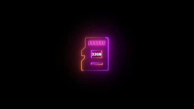Neon glowing cyan color 32 GB SD card icon on black background animation. 4k video Sim Card neon sign appear icon center. Animated neon icon.4k motion video