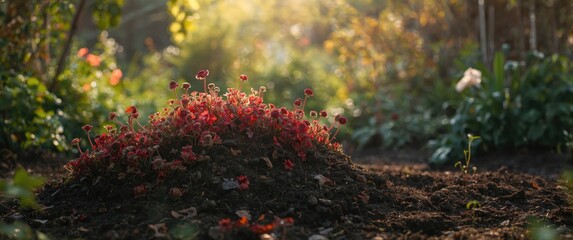 Obraz premium Colorful Flowers Blooming on a Soil Mound in a Garden at Sunrise