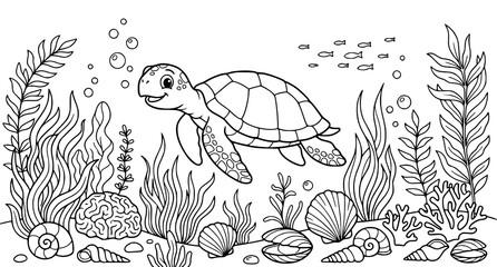 Cute sea turtle swimming in an underwater ocean scene with coral reefs and seashells coloring page for kids