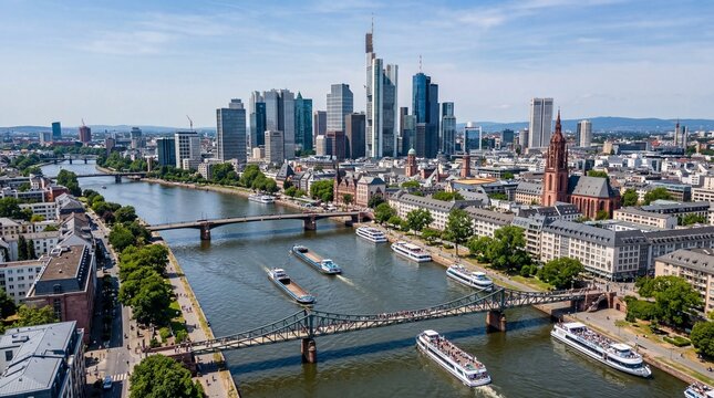 Aerial view of Frankfurt city skyline with boats on Main river in Germany