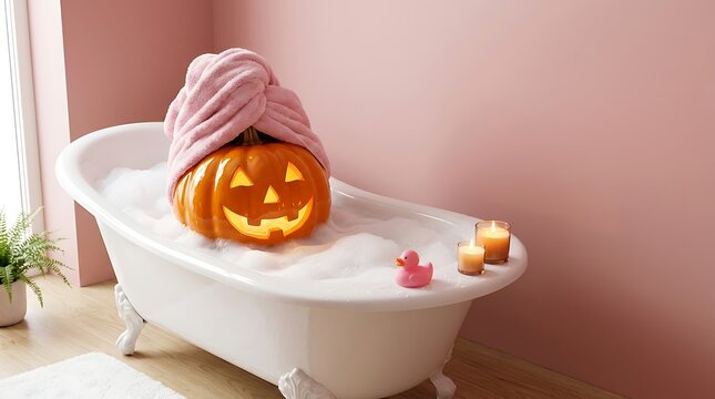Pumpkin taking bubble bath in white vintage tub with pink towel on head and rubber duckling for funny halloween self care concept scene.