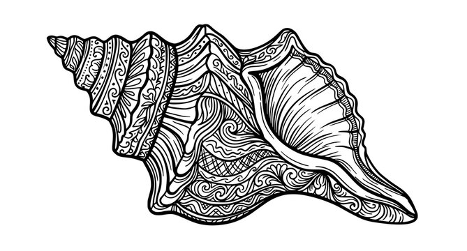 Detailed hand drawn conch shell illustration with intricate zentangle patterns isolated on a white background