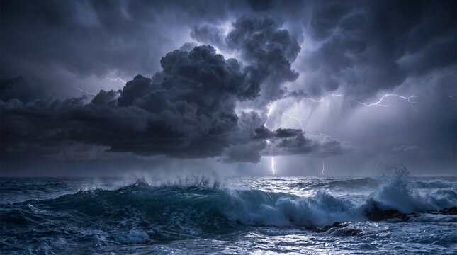 Powerful lightning strikes illuminate dark storm clouds above turbulent ocean waves crashing against the rocky shore during a moody night