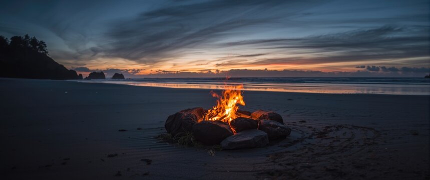 Campfire Burning on a Beach at Twilight with Colorful Sunset Sky