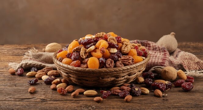 Assorted Dried Fruits and Nuts in a Woven Basket on Rustic Wooden Table