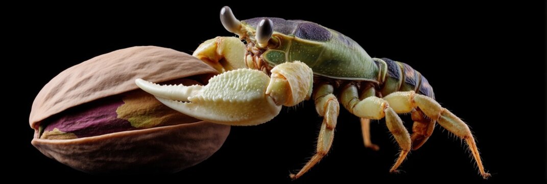 Macro shot of a vivid crab holding a pistachio in its claw against a black background.